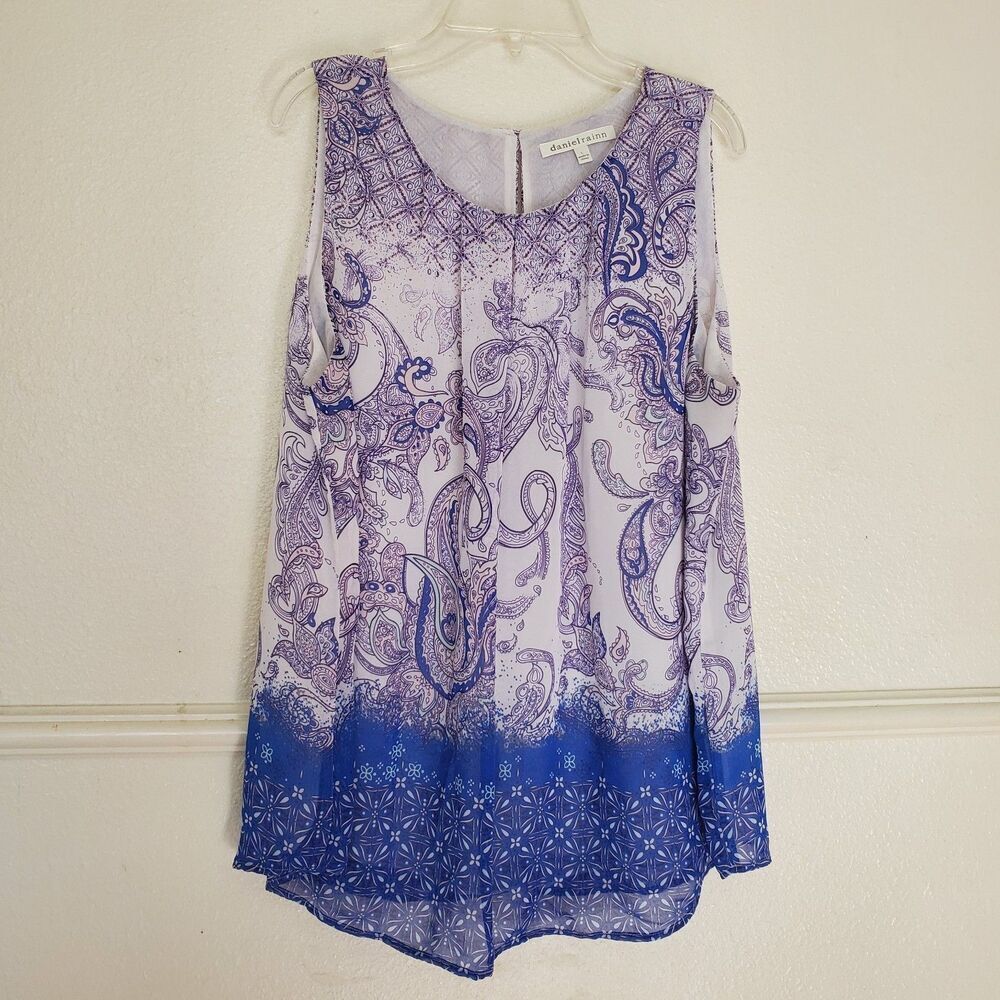 Daniel Rainn Top Sleeveless Pullover Blouse L White Purple Sheer Lined Paisley - Picture 14 of 14